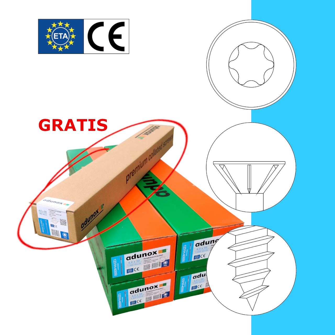  SPARPAKET | 4 x 1.000 Stk + 1 x Gratis 500 Stk Holzbauschrauben | hell verzinkt | Teilgewinde | ETA | 4,0 x 40