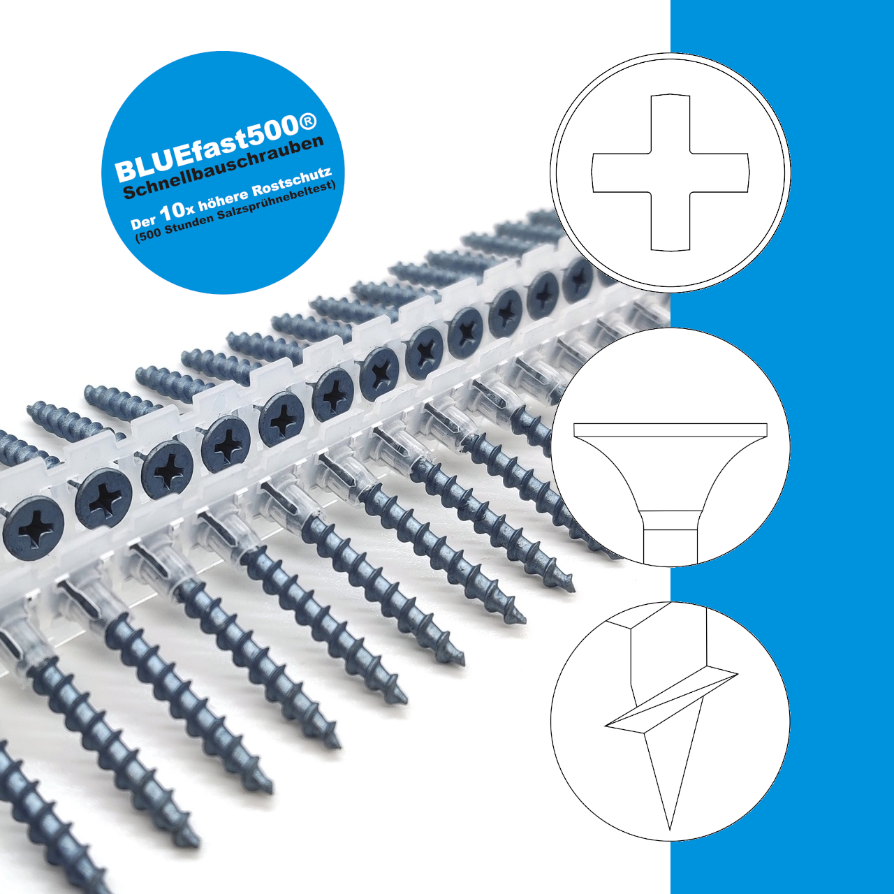 BLUEfast500® Schnellbauschrauben | Grobgewinde | PH2 | magaziniert Langband | 3,9x45 | 1.000 Stk BLUEfast500® Schnellbauschrauben | Grobgewinde | PH2 | magaziniert Langband | 3,9x45 | 1.000 Stk