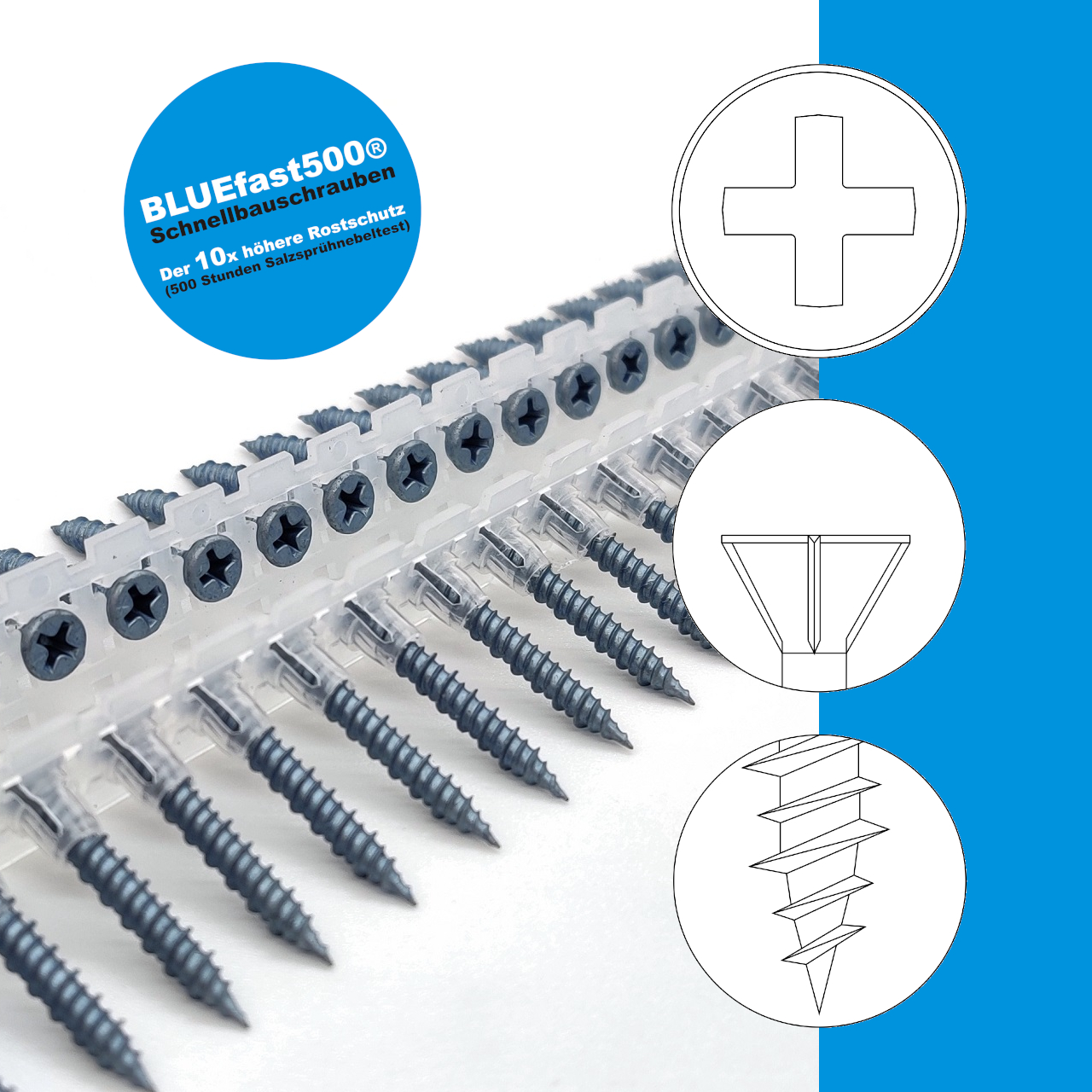 BLUEfast500® Faserplattenschrauben | Hi-Lo-Gewinde | PH2 | magaziniert Langband | 3,9x19 | 1.000 Stk BLUEfast500® Faserplattenschrauben | Hi-Lo-Gewinde | PH2 | magaziniert Langband | 3,9x19 | 1.000 Stk