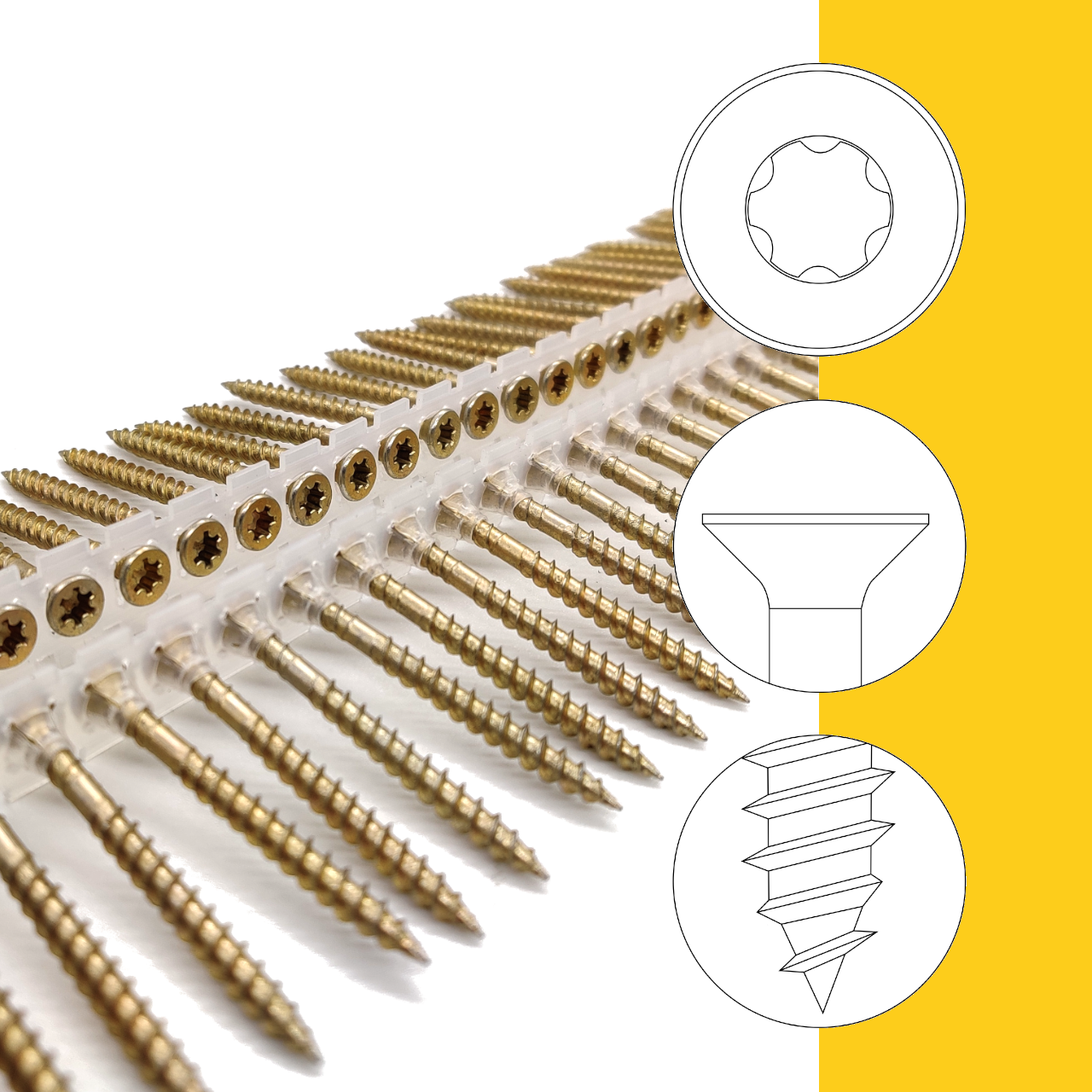 Verpackungsschrauben | gelb verzinkt | Teilgewinde | AX25 (TX25) | magaziniert Langband  Verpackungsschrauben | gelb verzinkt | Teilgewinde | AX25 (TX25) | magaziniert Langband
