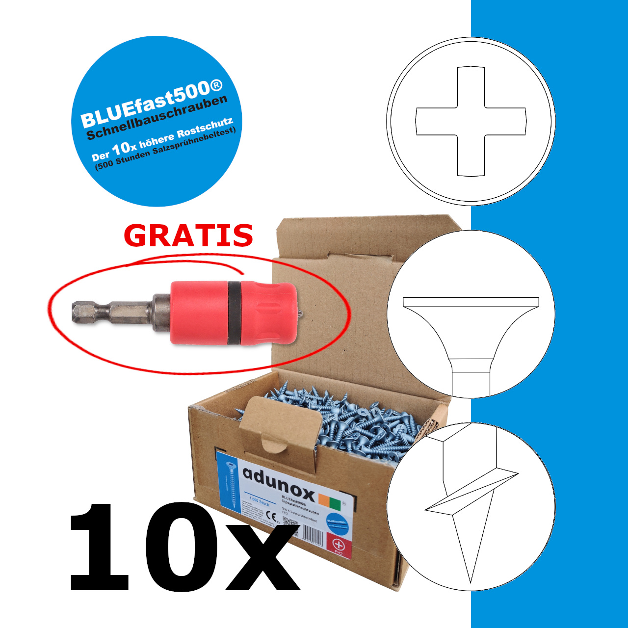 SPARPAKET | 10x 1.000Stk lose Schnellbauschrauben BLUEfast500® | Grobgewinde | 3,9x25 | + GRATIS 1x Schraubkupplung SKT