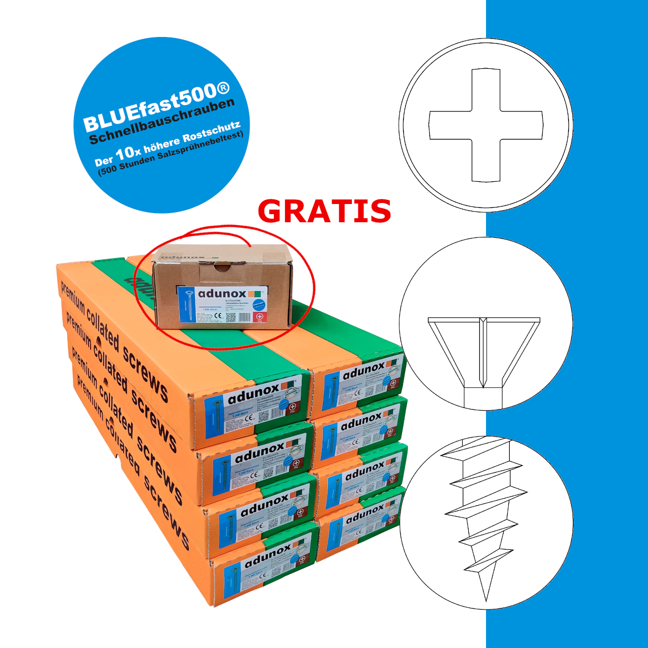 SPARPAKET | 8 x 1.000 Stk Langband Faserplattenschrauben BLUEfast500® | Hi-Lo-Gewinde | 3,9x19 | + GRATIS 1 x 1.000 Stk lose BLUEFAST®500 Faserplattenschrauben | Hi-Lo-Gewinde | 3,9x19
