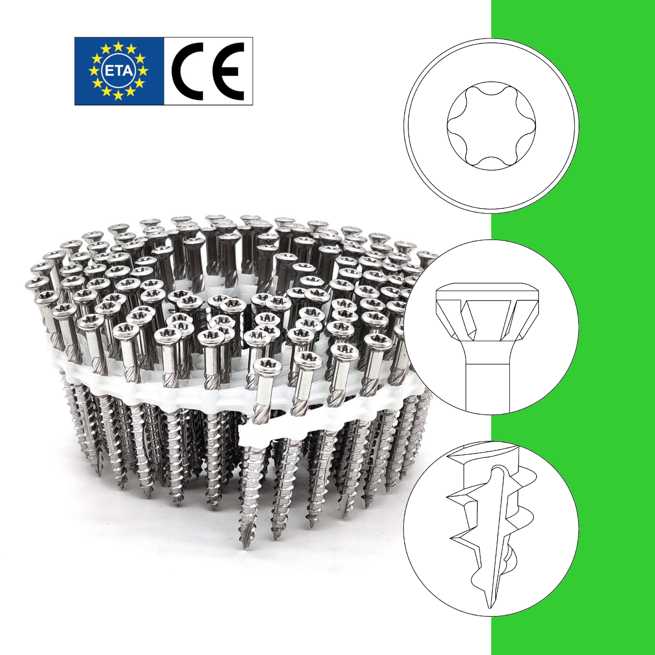 Terrassenschrauben | rostfreier Stahl C1 | Teilgewinde | ETA | TX25 | magaziniert Coil | 5,0x60 | 1.125 Stk Terrassenschrauben | rostfreier Stahl C1 | Teilgewinde | ETA | TX25 | magaziniert Coil | 5,0x60 | 1.125 Stk